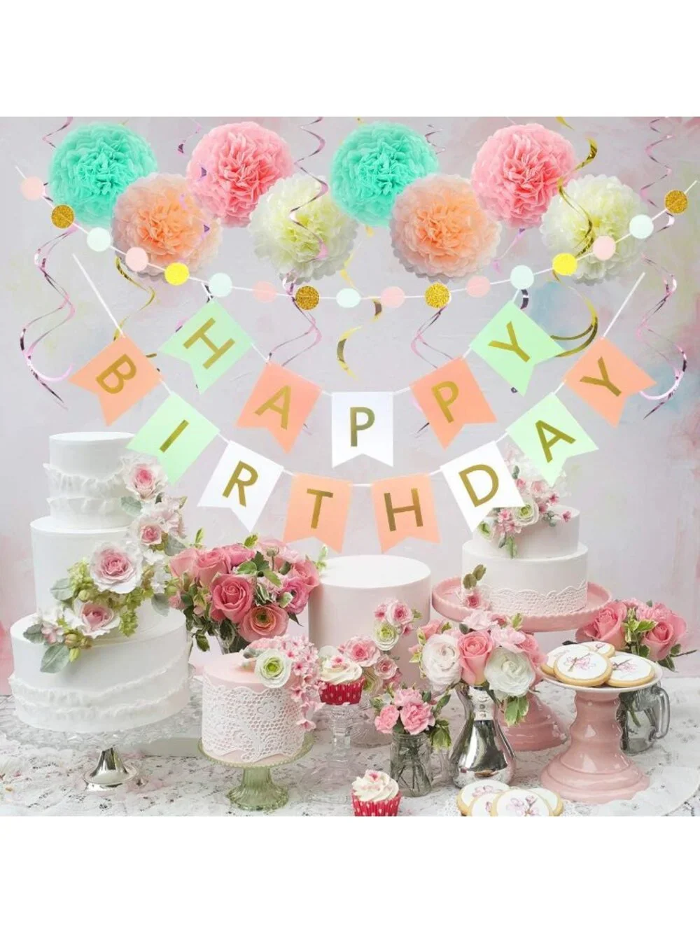 Birthday Decor Pack of 19 Banner Tissue flowers Swirls Garland girl pastel gold